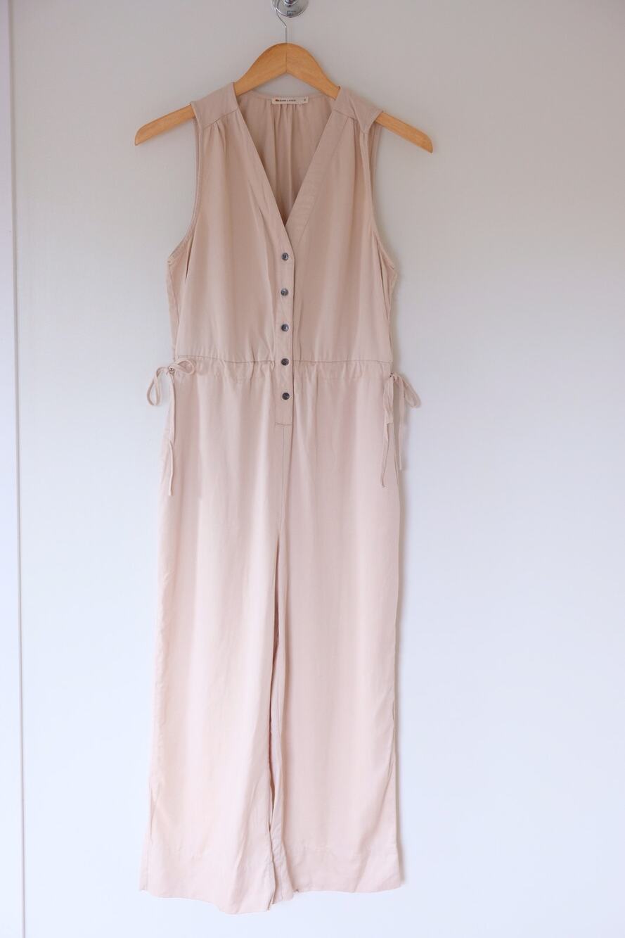 Marine Layer Button Front Jumpsuit S Tan Tencel Sleeveless Wide Leg Quiet Luxury
